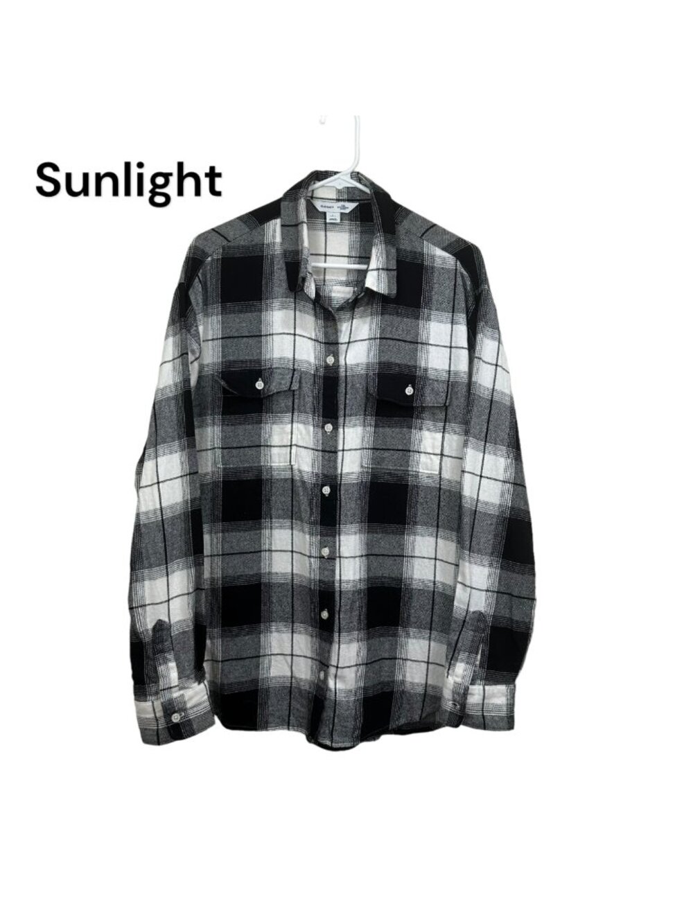 OLD NAVY Women SZ L TALL THE BOYFRIEND SHIRT Black-W Plaid Flannel Button Down